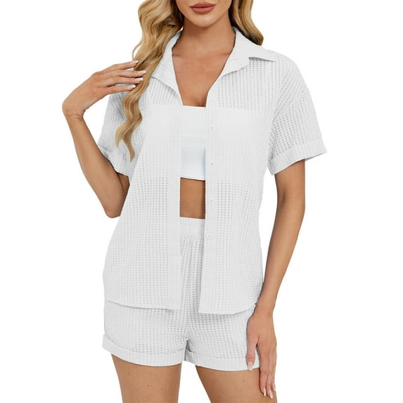 Womens Chiffon Set Two Piece Outfits Summer Beach Button down Short Sleeve Shirt Shorts Sets with Pockets