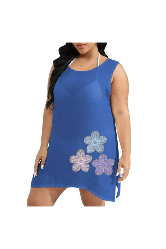 Womens Chiffon Smock Shirts Plus Size Fashion Floral Sleeveless Crew-Neck Tank Tops Summer Loose Comfy Beach Vest Mini Dress