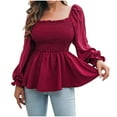 thumbnail image 1 of Womens Chiffon Smocked Peplum Tops Elegant Sexy Square Neck Long Sleeve Poet Shirt Fall Solid Cute Babydoll Blouses, 1 of 7