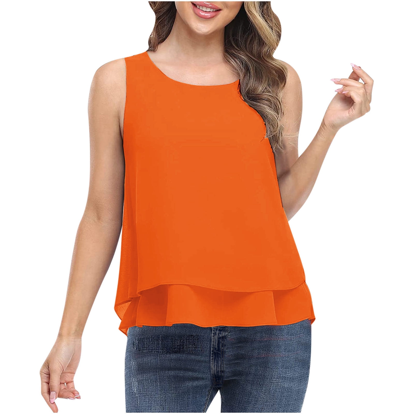 Womens Chiffon Tanks Sleeveless Blouse Shirts Tank Tops for Women Layered  Hem Hide Belly Loose Solid Camisole (X-Large, Orange)