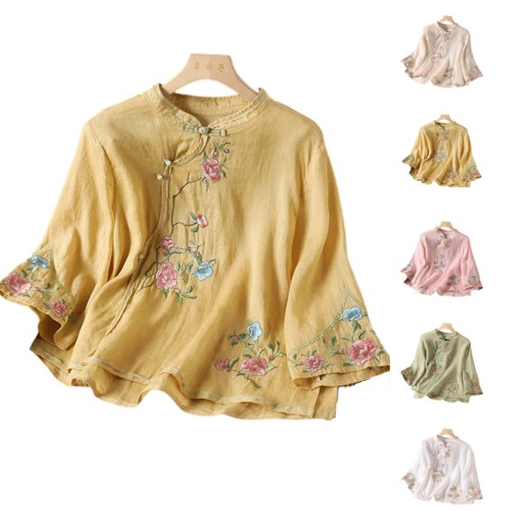 Womens Chinese Traditional Shirts Cotton Linen Mandarin Collar Frog Button 3/4 Sleeve Floral Embroidered Blouses Summer Casual Tops,XL,#03 Yellow