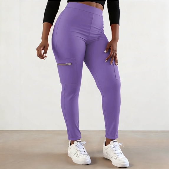Womens Chino Pants Womens Yoga Cargo Pants Plus Size Athletic Leggings Gym Workout Elastic High Waist Activewear with Zip Pockets Purple M