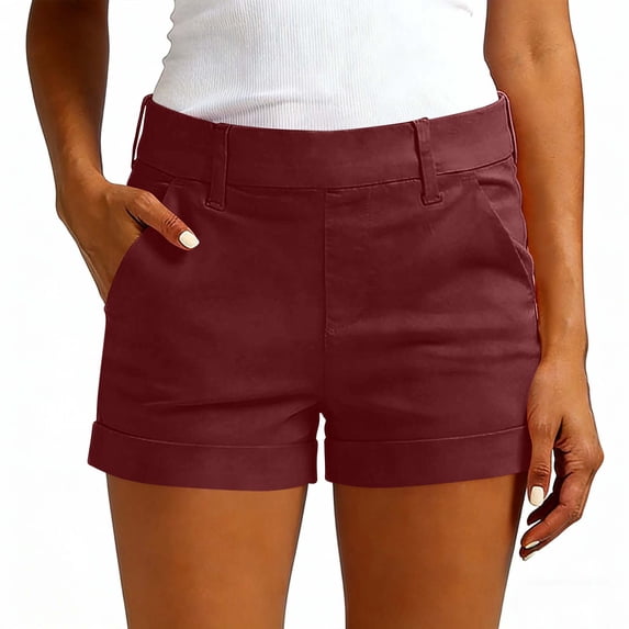 Womens Chino Shorts Stretchy High Waisted Rolled Cuff Casual Summer Hiking Shorts with Pockets Wine S