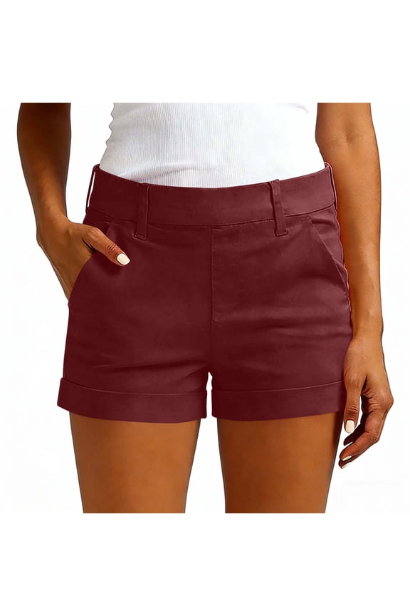 Womens Chino Shorts Stretchy High Waisted Rolled Cuff Casual Summer Hiking Shorts with Pockets Wine XL