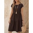 thumbnail image 1 of Womens Chocolate Brown Boho Midi Dress, Short Sleeve Round Neck Linen-Like, 1 of 7