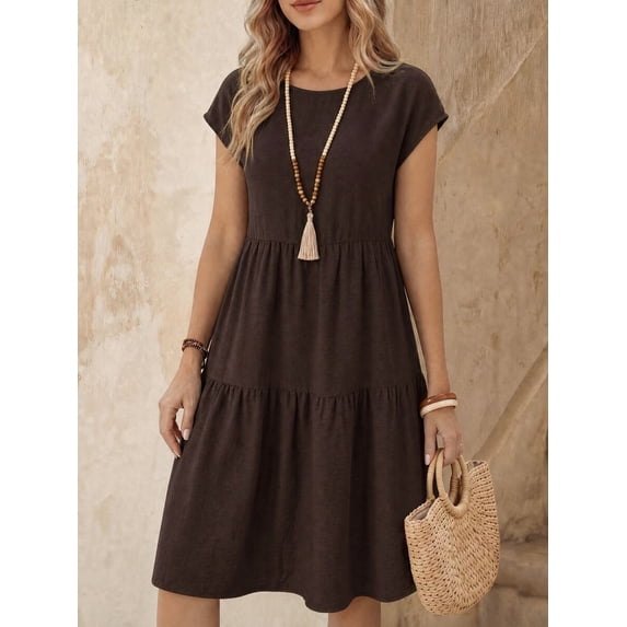 Womens Chocolate Brown Boho Midi Dress, Short Sleeve Round Neck Linen-Like