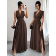 thumbnail image 1 of Womens Chocolate Brown Sleeveless V-Neck Maxi Dress With Side Slit And Bow, 1 of 8