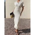thumbnail image 1 of Womens Chocolate Brown Striped Collar Knit Midi Dress With Ruffle Hem, 1 of 5