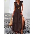 thumbnail image 1 of Womens Chocolate Brown V-Neck Tiered Maxi Dress With Ruffle Sleeves, 1 of 7