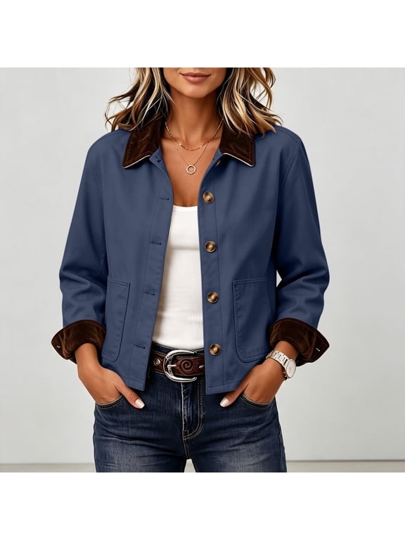Womens Chore Coat Lightweight Button Front Contrast Point Collar Jacket Long Sleeve Work Casual Outerwear with Pockets