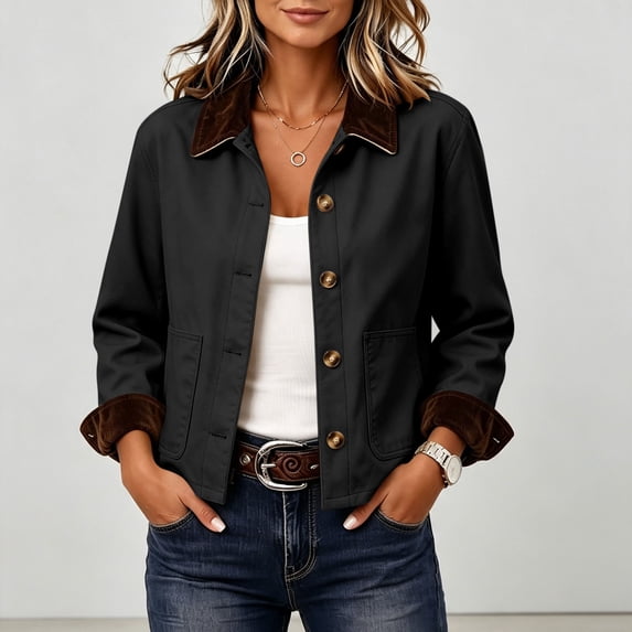 Womens Chore Coat Lightweight Button Front Contrast Point Collar Jacket Long Sleeve Work Casual Outerwear with Pockets