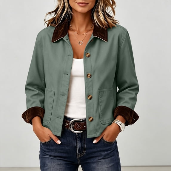 Womens Chore Coat Lightweight Button Front Contrast Point Collar Jacket Long Sleeve Work Casual Outerwear with Pockets