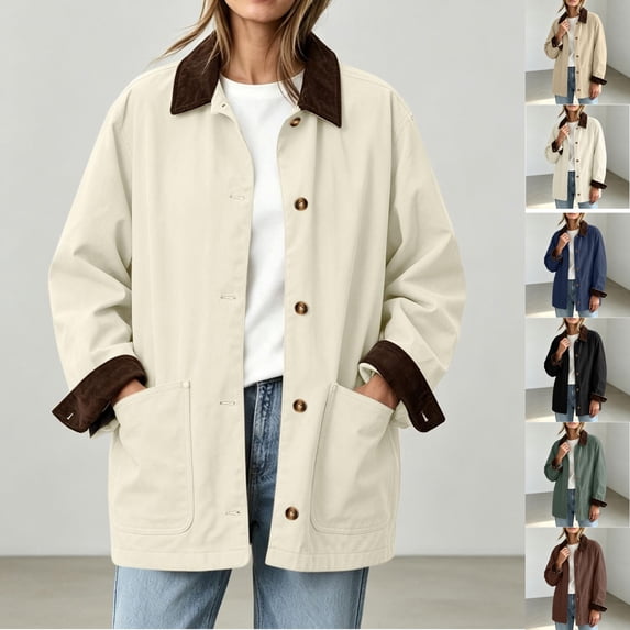 Womens Chore Jacket Corduroy Contrast Point Collar Shacket Coat Button Down Loose Mid Length Jackets with Pockets Warm Fall Winter Outerwear