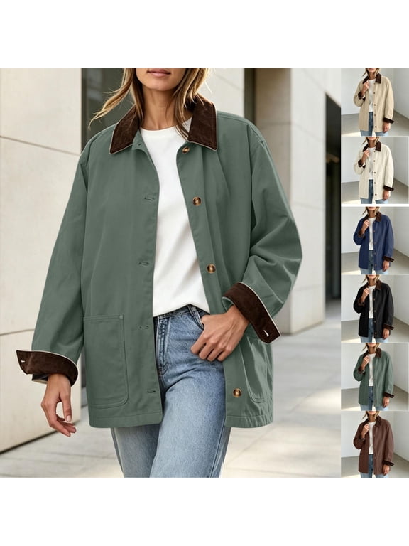 Womens Chore Jacket Corduroy Contrast Point Collar Shacket Coat Button Down Loose Mid Length Jackets with Pockets Warm Fall Winter Outerwear