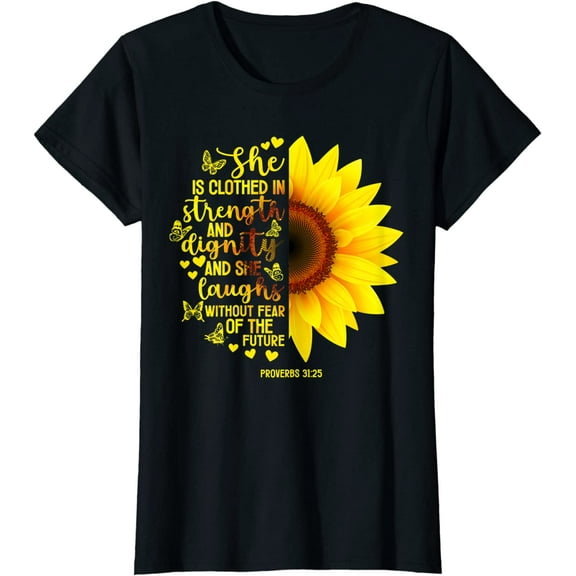 Womens Christian Bible Verse Sunflower Shirt Scripture Religious Gift Her T-Shirt Black Tee