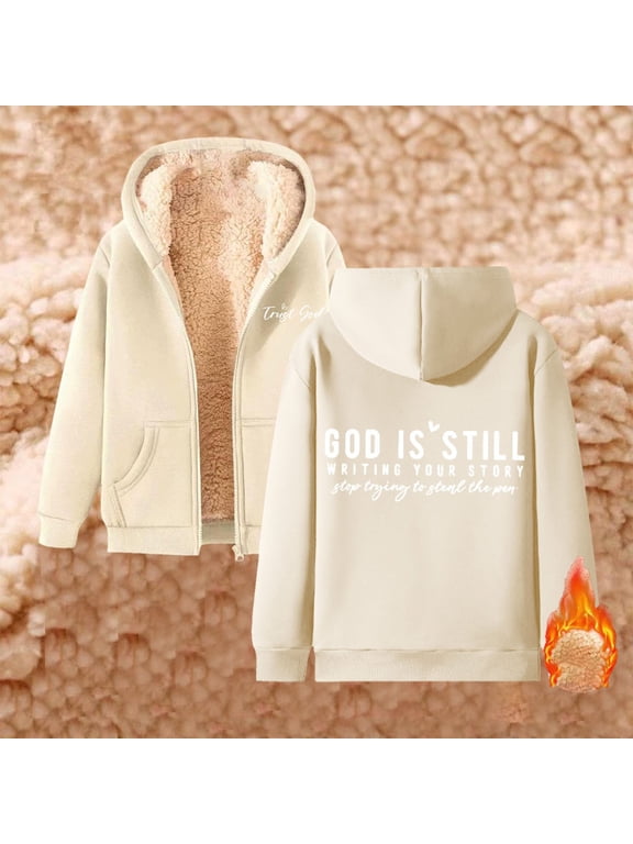 Womens Christian Hoodie Zip Up Long Sleeve Sweatshirts Fleece Lined Front Pockets Faith Letter Back Print Jacket Khaki M