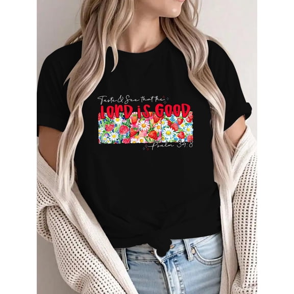 Womens Christian Pattern Tops "Taste & See" Psalm 34:8 Strawberry Floral Graphic Tees Worship Print T Shirts for Daily Outfits,S-5XL