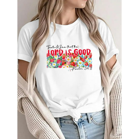 Womens Christian Pattern Tops "Taste & See" Psalm 34:8 Strawberry Floral Graphic Tees Worship Print T Shirts for Daily Outfits,S-5XL