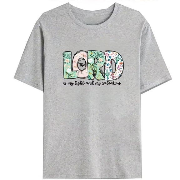 Womens Christian Print T-Shirt The Lord is My Light & Salvation Christian Floral Graphic Tees Short Sleeve Casual Pattern Tops for Daily Outfits Gray,S