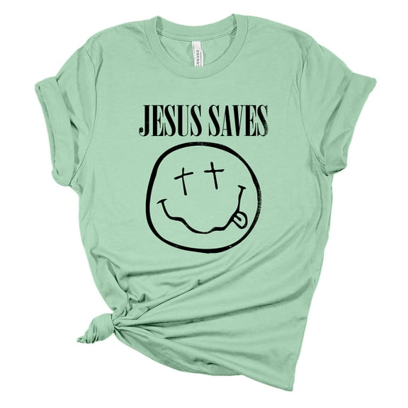 Womens Christian T-shirt Jesus Saves Cross Smile Short Sleeve T-shirt-Mint-small