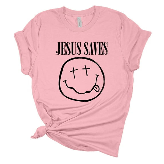 Womens Christian T-shirt Jesus Saves Cross Smile Short Sleeve T-shirt-Pink-small