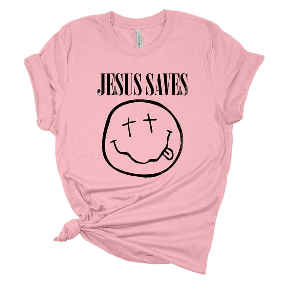 Womens Christian T-shirt Jesus Saves Cross Smile Short Sleeve T-shirt-Pink-xxl