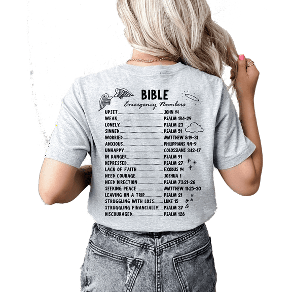 Womens Christian Tshirt Bible Emergency Numbers Scripture Back Design Christian T-shirt Graphic Tee-Athletic Grey-xl