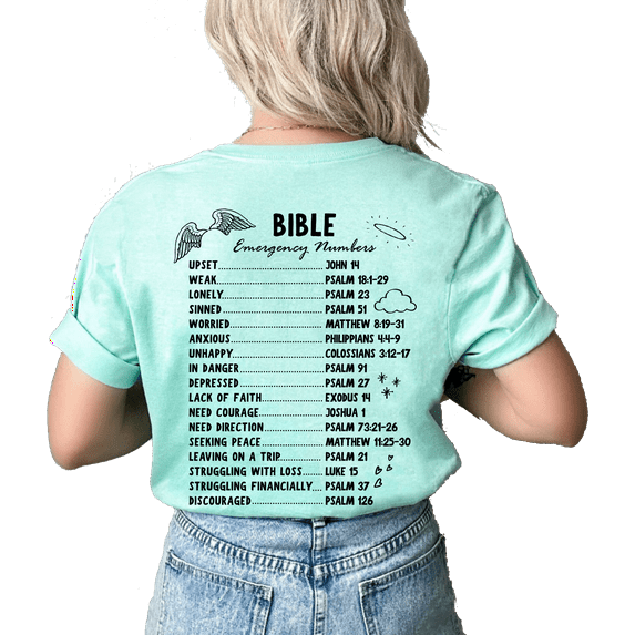 Womens Christian Tshirt Bible Emergency Numbers Scripture Back Design Christian T-shirt Graphic Tee-MInt-xxxl
