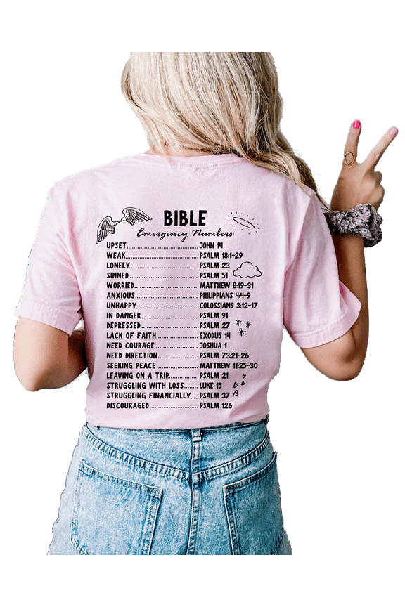 Womens Christian Tshirt Bible Emergency Numbers Scripture Back Design Christian T-shirt Graphic Tee-PInk-small