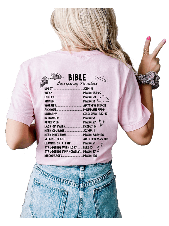 Womens Christian Tshirt Bible Emergency Numbers Scripture Back Design Christian T-shirt Graphic Tee-PInk-xl