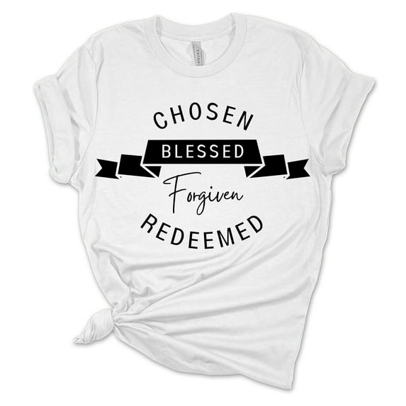Womens Christian Tshirt Chosen Blessed Forgiven Redeemed Short Sleeve T-shirt-White-large