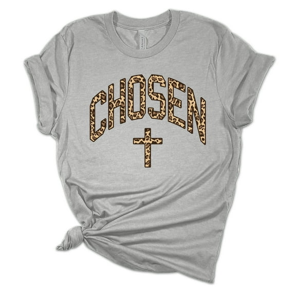Womens Christian Tshirt Chosen Cross Leopard PrInt Christian T-shirt Graphic Tee-Athletic Grey-xl