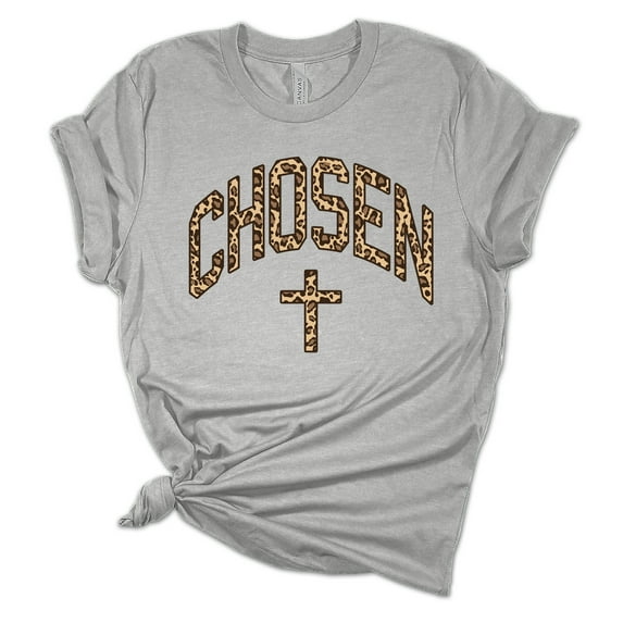 Womens Christian Tshirt Chosen Cross Leopard PrInt Christian T-shirt Graphic Tee-Athletic Grey-xxxl