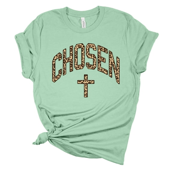 Womens Christian Tshirt Chosen Cross Leopard PrInt Christian T-shirt Graphic Tee-MInt-xl