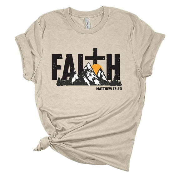 Womens Christian Tshirt Faith Scenic Mountain Matthew 17:20 Jesus Christian Short Sleeve T-shirt Graphic Tee-Heather Dust-4xl