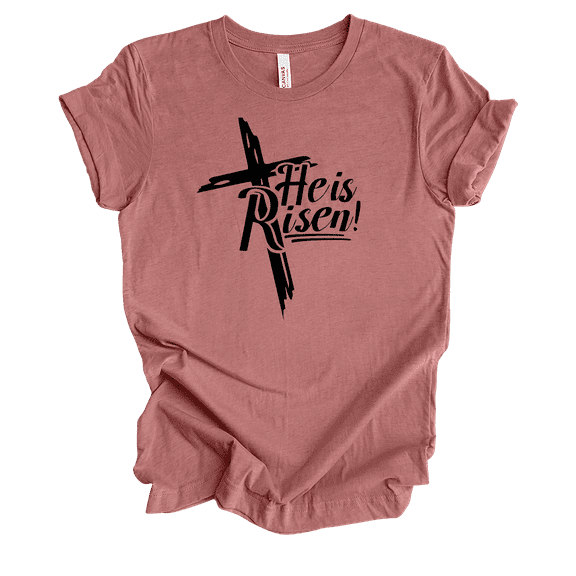 Womens Christian Tshirt He Is Risen Cross Tee Matt 28:6 Short Sleeve T-shirt-Mauve-small