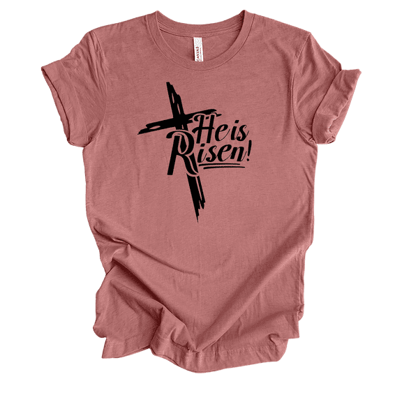Womens Christian Tshirt He Is Risen Cross Tee Matt 28:6 Short Sleeve T-shirt-Mauve-xxl