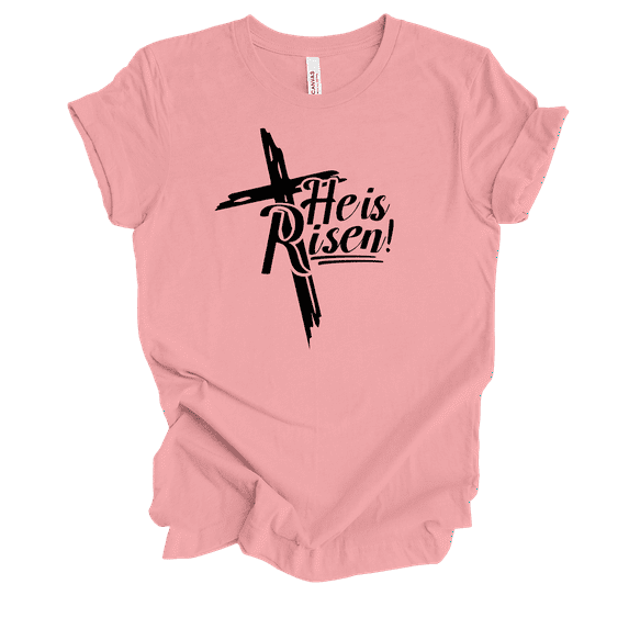 Womens Christian Tshirt He Is Risen Cross Tee Matt 28:6 Short Sleeve T-shirt-Pink-medium