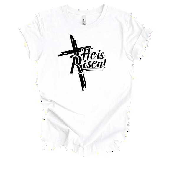 Womens Christian Tshirt He Is Risen Cross Tee Matt 28:6 Short Sleeve T-shirt-White-xl