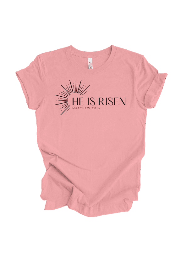 Womens Christian Tshirt He Is Risen Sun Rays Tee Matt 28:6 Short Sleeve T-shirt-Pink-medium