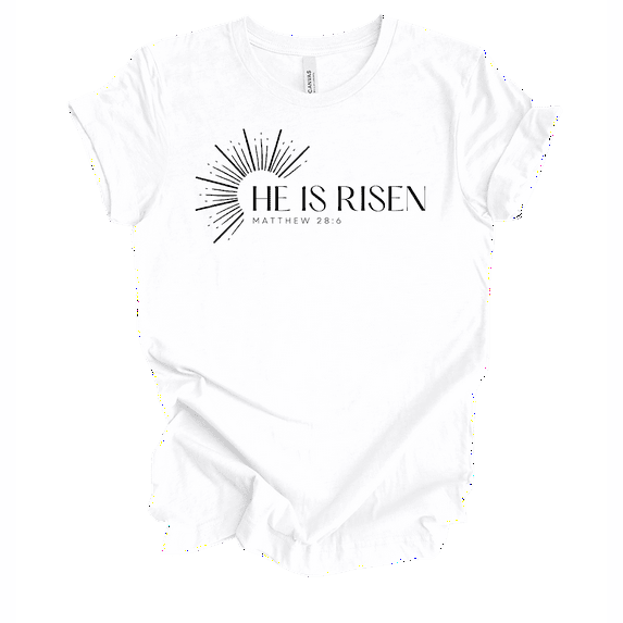Womens Christian Tshirt He Is Risen Sun Rays Tee Matt 28:6 Short Sleeve T-shirt-White-4xl