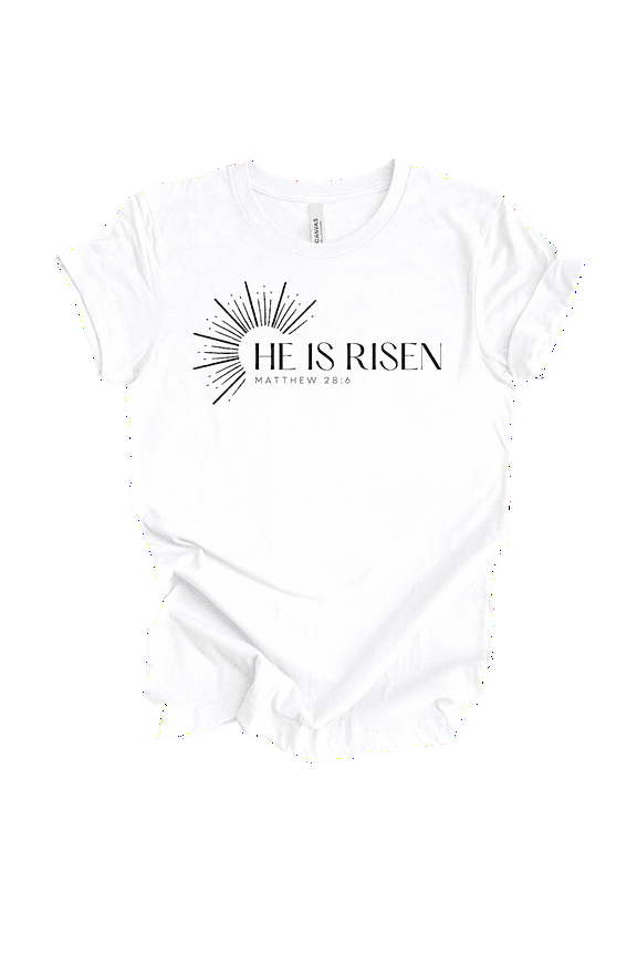 Womens Christian Tshirt He Is Risen Sun Rays Tee Matt 28:6 Short Sleeve T-shirt-White-5xl