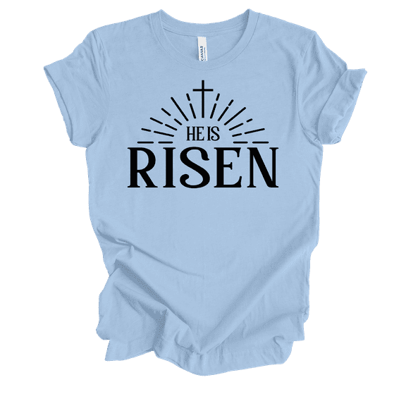 Womens Christian Tshirt He Is Risen Sunburst Rays Tee Matt 28:6 Short Sleeve T-shirt-Baby Blue-small