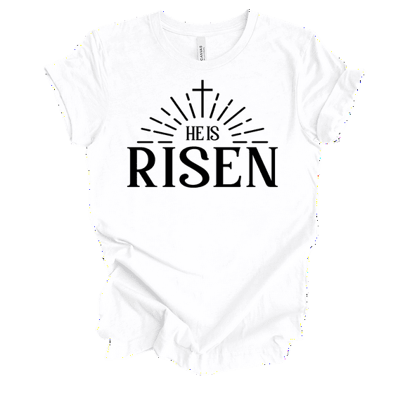 Womens Christian Tshirt He Is Risen Sunburst Rays Tee Matt 28:6 Short Sleeve T-shirt-White-medium