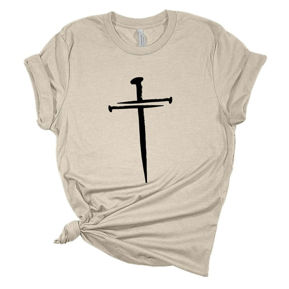 Womens Christian Tshirt Nail Cross Jesus Christian Short Sleeve T-shirt Graphic Tee-Heather Dust-small