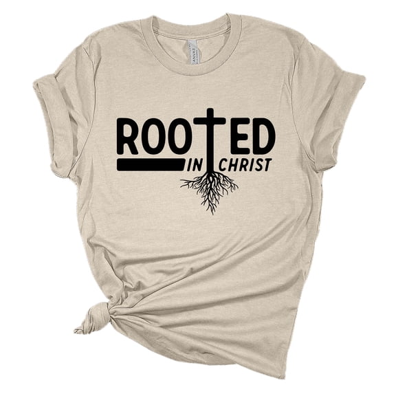 Womens Christian Tshirt Rooted In Christ Cross Jesus Christian Short Sleeve T-shirt Graphic Tee-Heather Dust-small