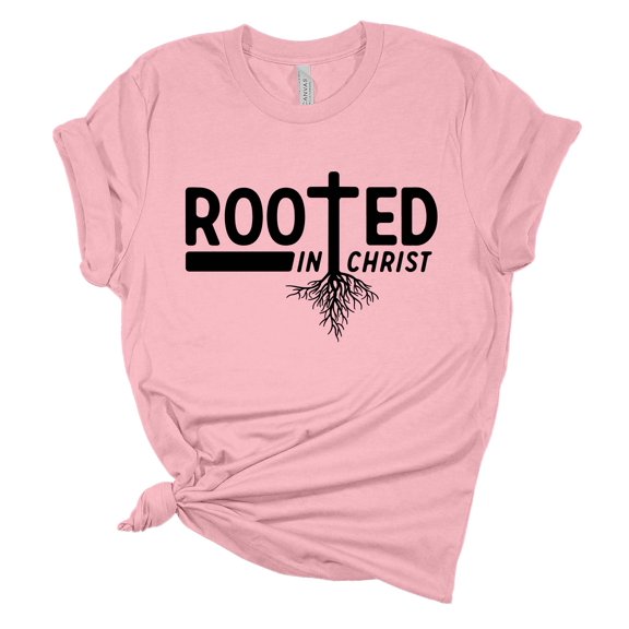 Womens Christian Tshirt Rooted In Christ Cross Jesus Christian Short Sleeve T-shirt Graphic Tee-Light Pink-medium