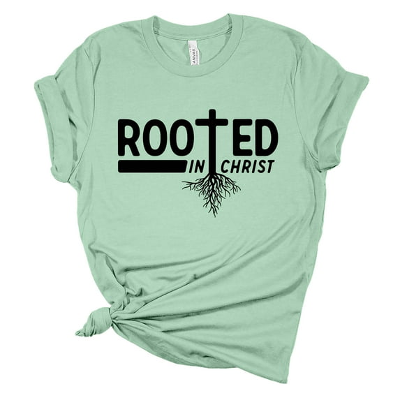 Womens Christian Tshirt Rooted In Christ Cross Jesus Christian Short Sleeve T-shirt Graphic Tee-Mint-small