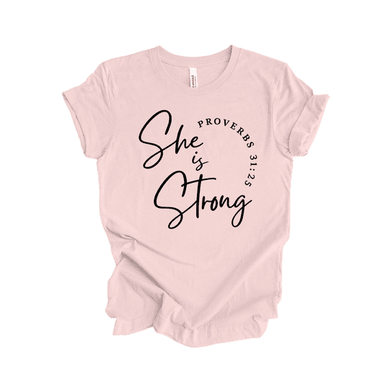 Womens Christian Tshirt She Is Strong Proverbs 31:25 Short Sleeve T-shirt-Pink-xl
