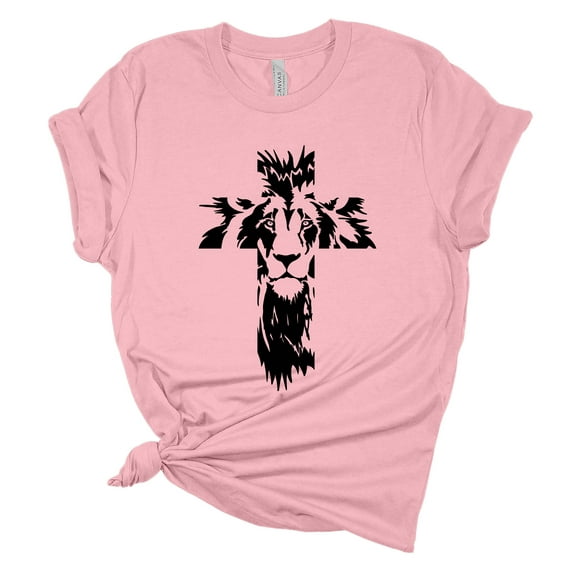 Womens Christian Tshirt The Lion of Judah Cross Jesus Christian Short Sleeve T-shirt Graphic Tee-Light Pink-xl
